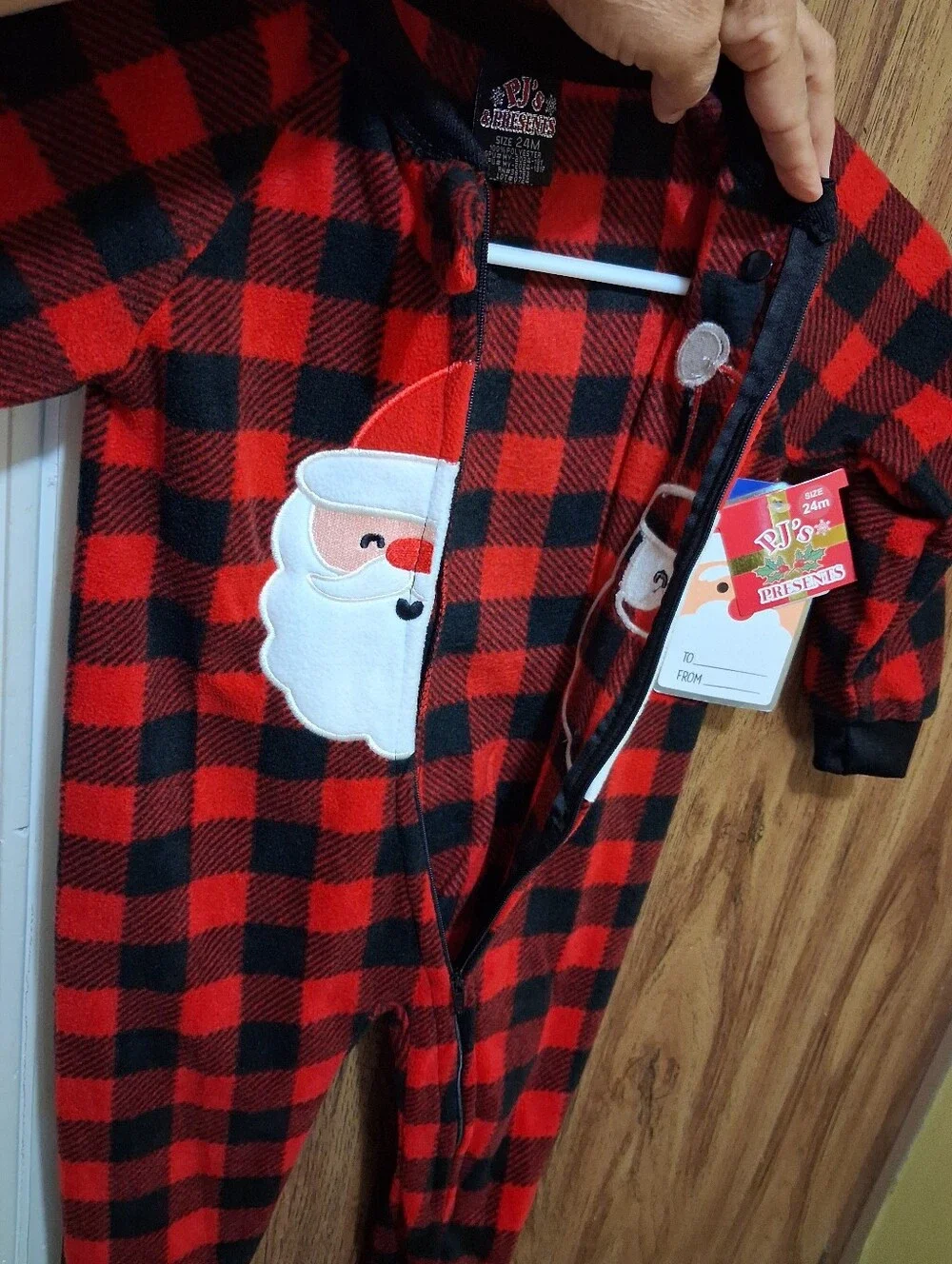 Kids Red and Black Buffalo Plaid Santa One-Piece Pajamas